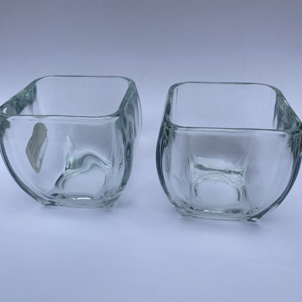 Libbey Heavy Square Clear Elegant Curved Tapered Glass Bowl Vase 4" X 4.25" Set